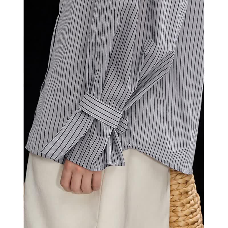 Wudao Women's Striped Stand Collar Flare Sleeve Cotton Blouse