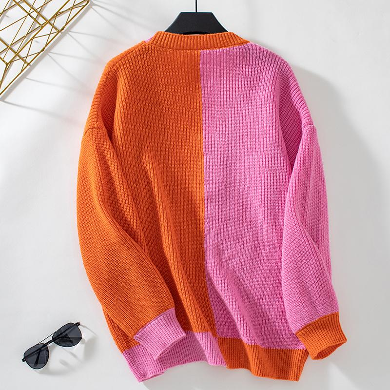 Autumn Winter Vintage Loose Long Sleeve Top Multicolor Cardigan Knitwear V-Neck Sweater