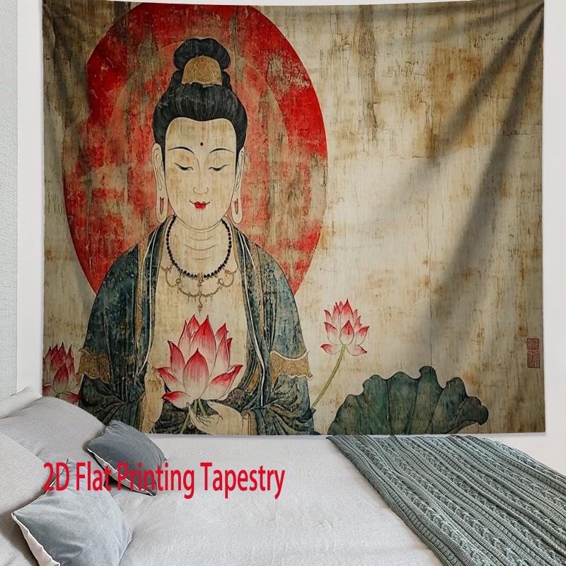 Vintage Guanyin Tapestry Wall Hanging Lotus Flower Buddhist Art Fabric Poster Retro Home Decor For Living Room Bedroom