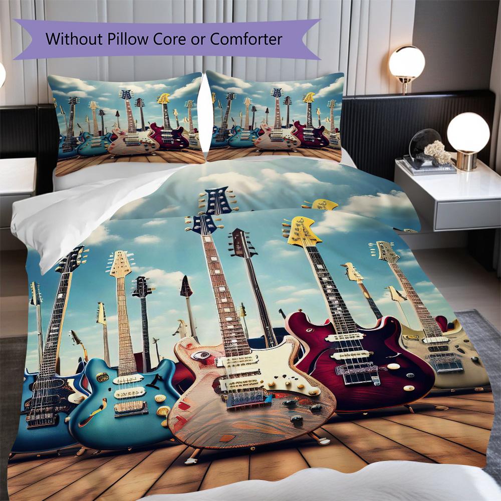 1PC Music, guitar Theme Bedding Quilt Set Quilt Cover Pillowcase Home Decoration Birthday Gift (1 * duvet cover + 2* pillowcase, without core)
