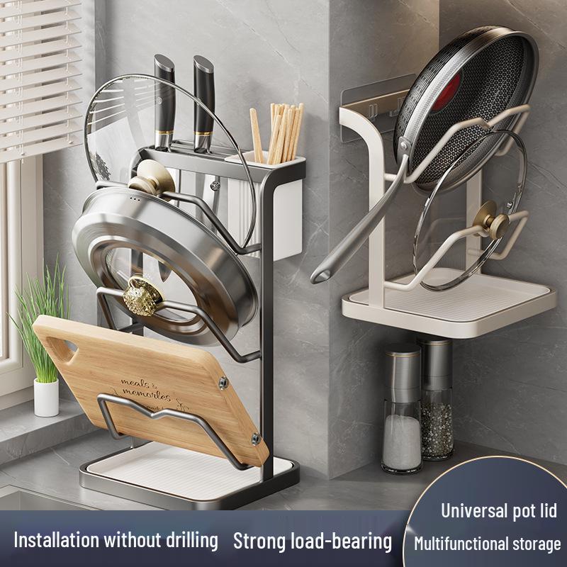 Wall-Mounted Multi-Functional Storage Rack: Cutting Board, Lid, Knife, Spoon, Chopstick Holder - No-Drill Installation.