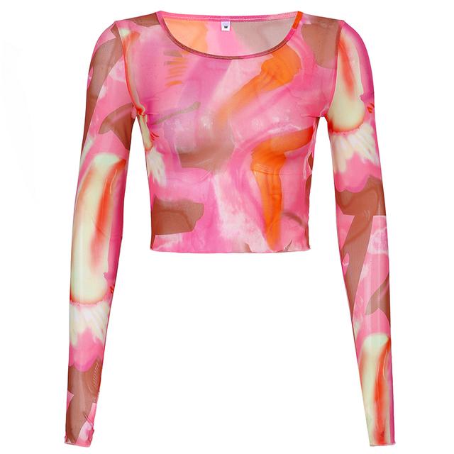 

Женские сексуальные облегающие футболки с круглым вырезом, прозрачные сетчатые топы, стильные топы с длинными рукавами и принтом тай-дай, шикарные, подходят для повседневного гардероба, SML L розовый