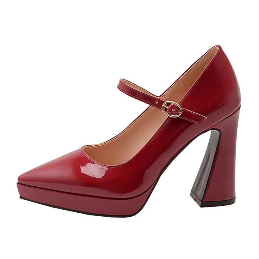 Women Platform Mary Janes Pointed Toe High Chunky Heels Pumps Office Party Dress Wedding Red White Ladies Patent Leather Elegant