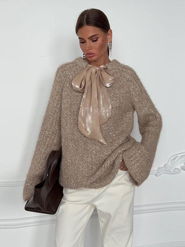 Ladies' Bright Silk Lace Up Knitted Round Neck Sweater Women's Warm and Fashionable Winter Round Neck Pullover 2025