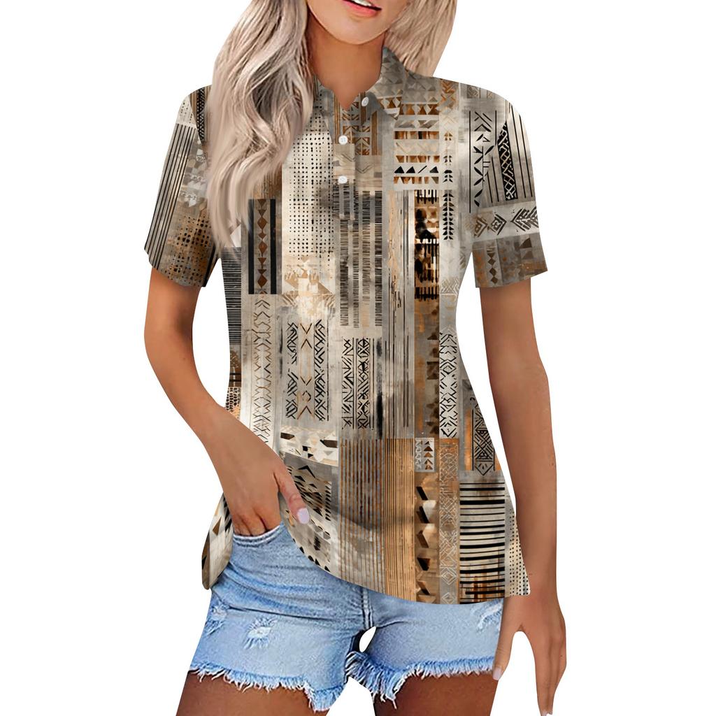 Women's Fashion Casual Lapel Short Sleeve Printed Shirt Women's Button Up Tops