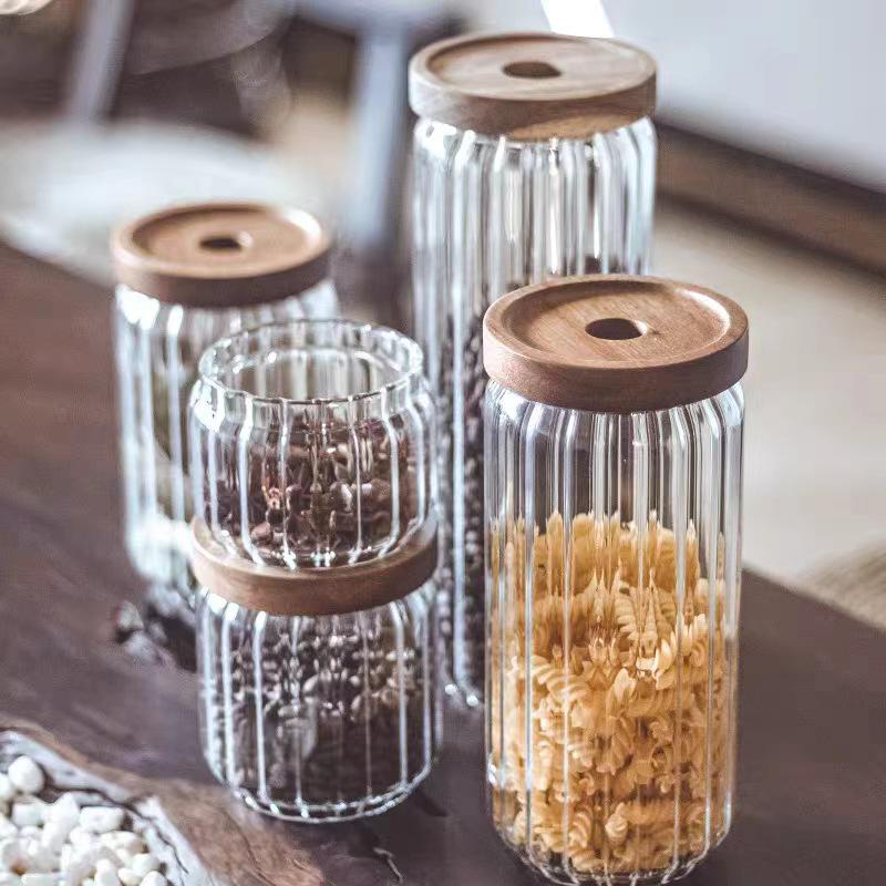 Wave Stripe Glass Storage Jar with Wood Lid for Coffee Beans