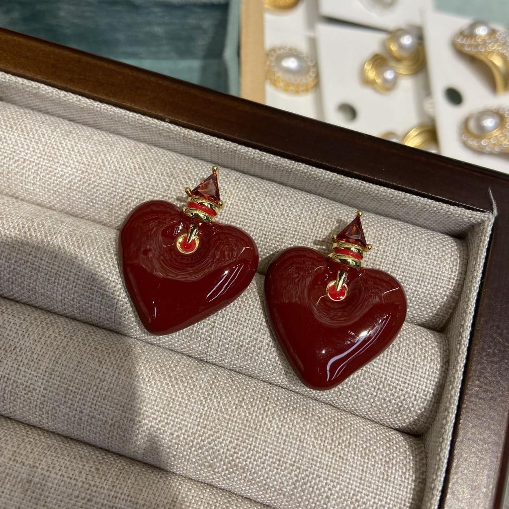 Ankola Red Oil Dripping Love Stud Earrings Women'S Literary Retro Sweet Fashion Personality Temperament Versatile Earrings Earrings