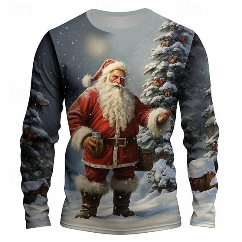 Tricou cu mânecă lungă cu grafică Crăciun Moș Crăciun cu imprimeu pe toată suprafața pentru bărbați, casual, supradimensionat, cu gât rotund, haine, top