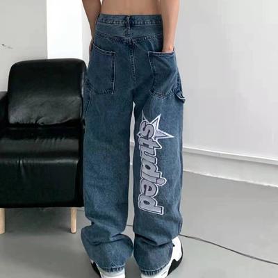 Retro Taschen Brief Stickerei Zerrissene Casual Jeans Männer Gerade Breite Bein Hose Frauen Harajuku Oversize Streetwear Denim Hosen