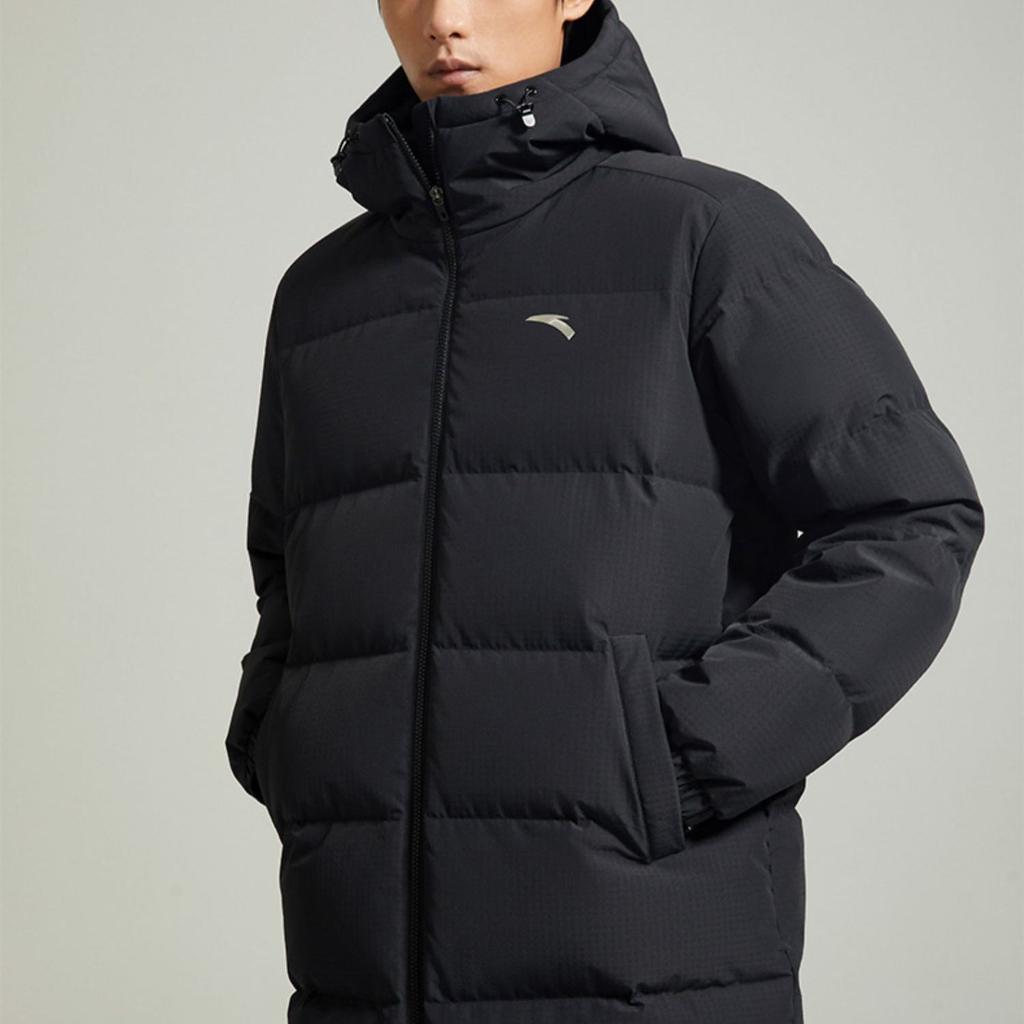 Anta FW22 Solid Color Logo Print Long Zip Hooded Down Jacket Men Outerwear Black 952247976-2
