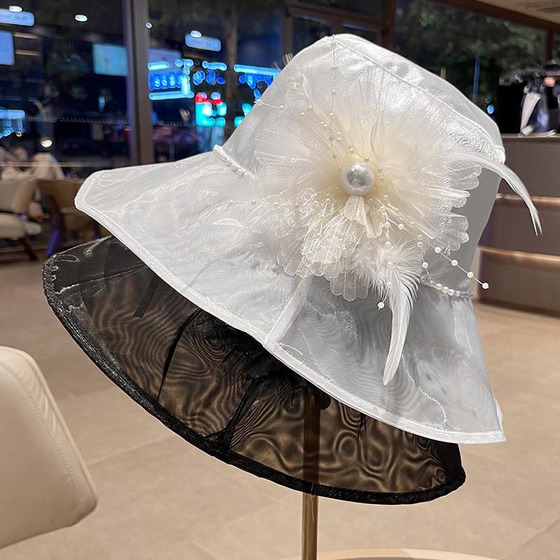 Satin polyester organza flower bucket hat women's summer breathable advanced elegant sunshade basin hat shows small face sunscreen