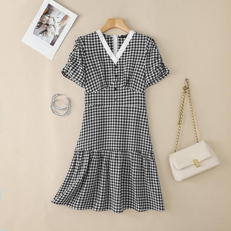 

VONDA Женское платье с V-образным вырезом, коротким рукавом, клетчатым принтом, повседневное, плиссированное