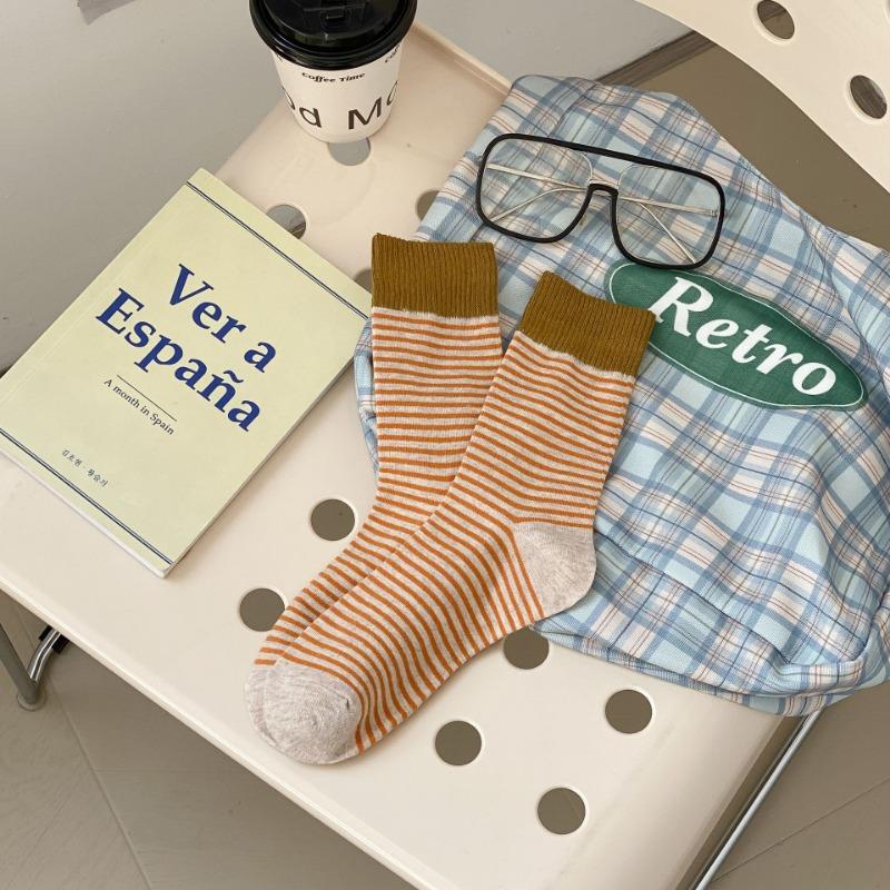 Women's Color-blocking Striped Mid-calf Socks, College-style Long Calf Socks, Trendy Women's Socks