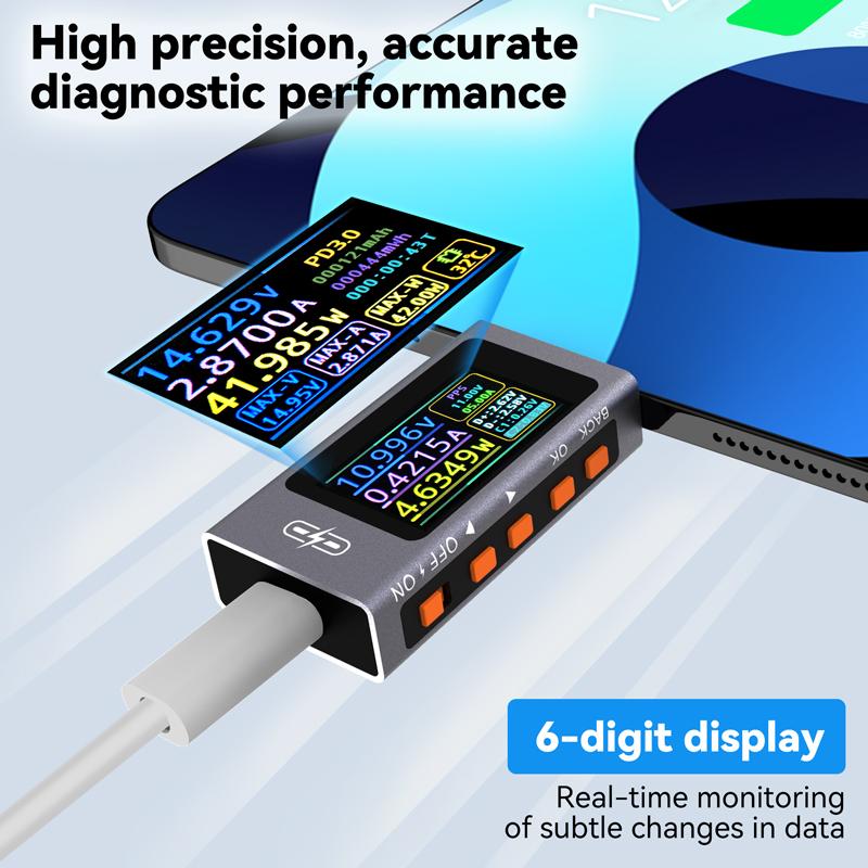 UT01C Type C Tester 4V-30V 12A Voltmeter Ammeter TYPE-C Fast Charge Detection Trigger Capacity Measurement Ripple Measurement