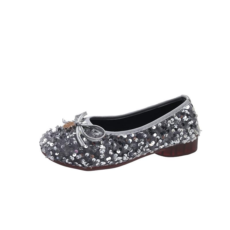 French Retro Silver Bow Fairy Shoes Gentle Lady with Skirt Square Head Flat Bottom Soft Sole Sequined Single Shoes Women