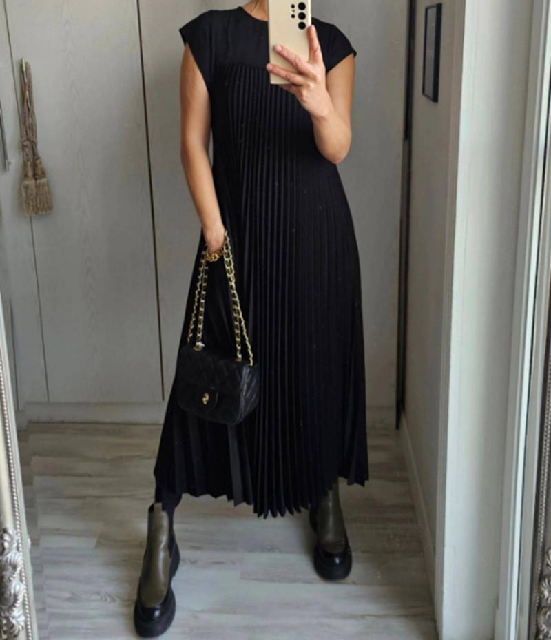 Elegant Summer Dress For Women With High Waist Pockets In Polyester Fabric For Office Wear