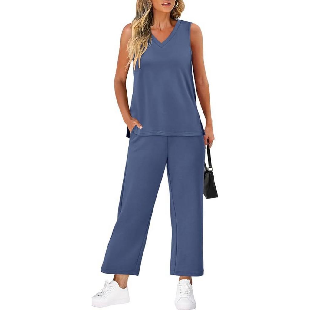 Women's Loose Fit Two Piece Outfit Sleeveless V Neck Tank Top Drawstring Waist Wide Leg Pants Tracksuit