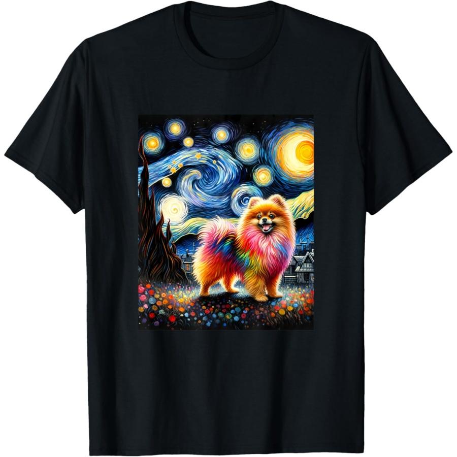 Pomeranian Dog Van Gogh Starry Night Painting T-Shirt XXXXXL чёрный