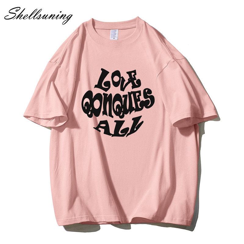 Shellsuning Oversized Letter Graphic T Shirts Men Summer Soft 100% Cotton Short Sleeve Tees Female Trendy Loose High Street Tops