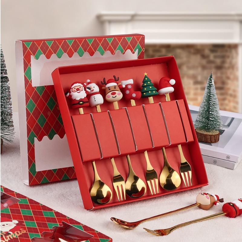 2026 Christmas 6pcs/4pcs Spoon Fork Set Stainless Steel Christmas Spoon Set Coffee Tea Dessert Scoop Christmas Tableware Set