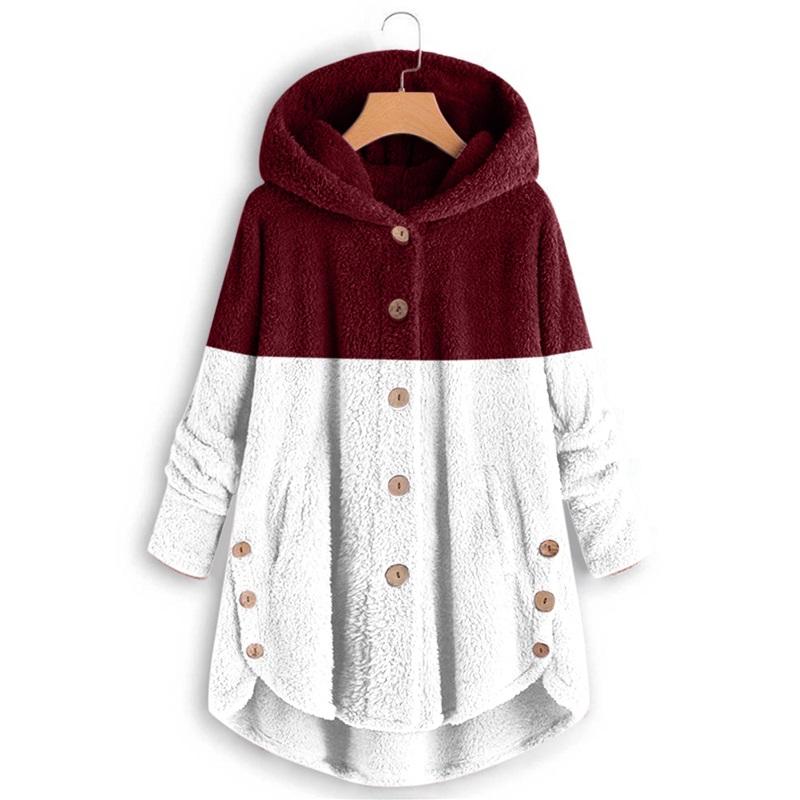 Women's Two-Tone Fleece Coat Hooded Button-Up Winter Warm Jacket