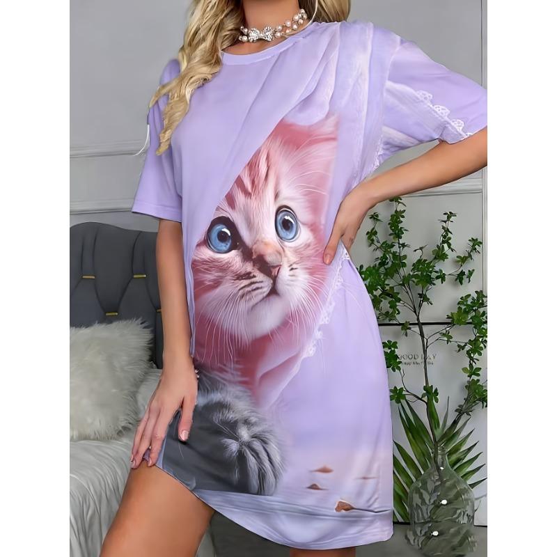 Süßes Damen-Nachthemd mit Katzenprint, Rundhalsausschnitt, Kurzarm