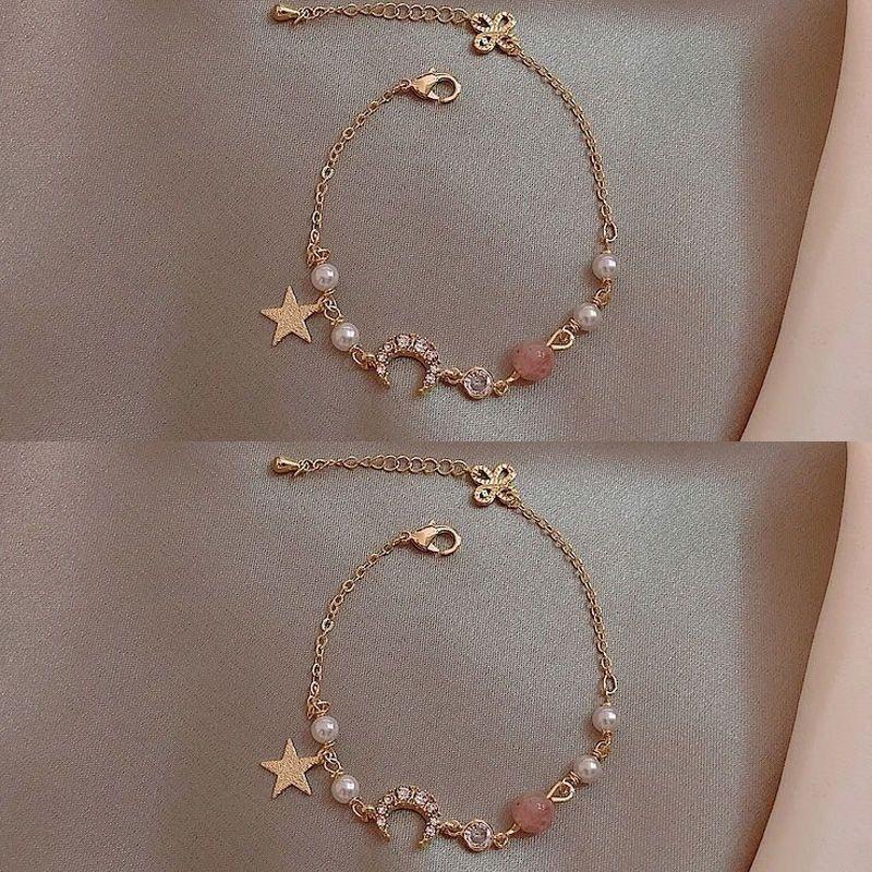 Star & Moon Zircon Pearl Bracelet: Women's Trendy Korean-Style Bangle, Elegant & Contemporary Design