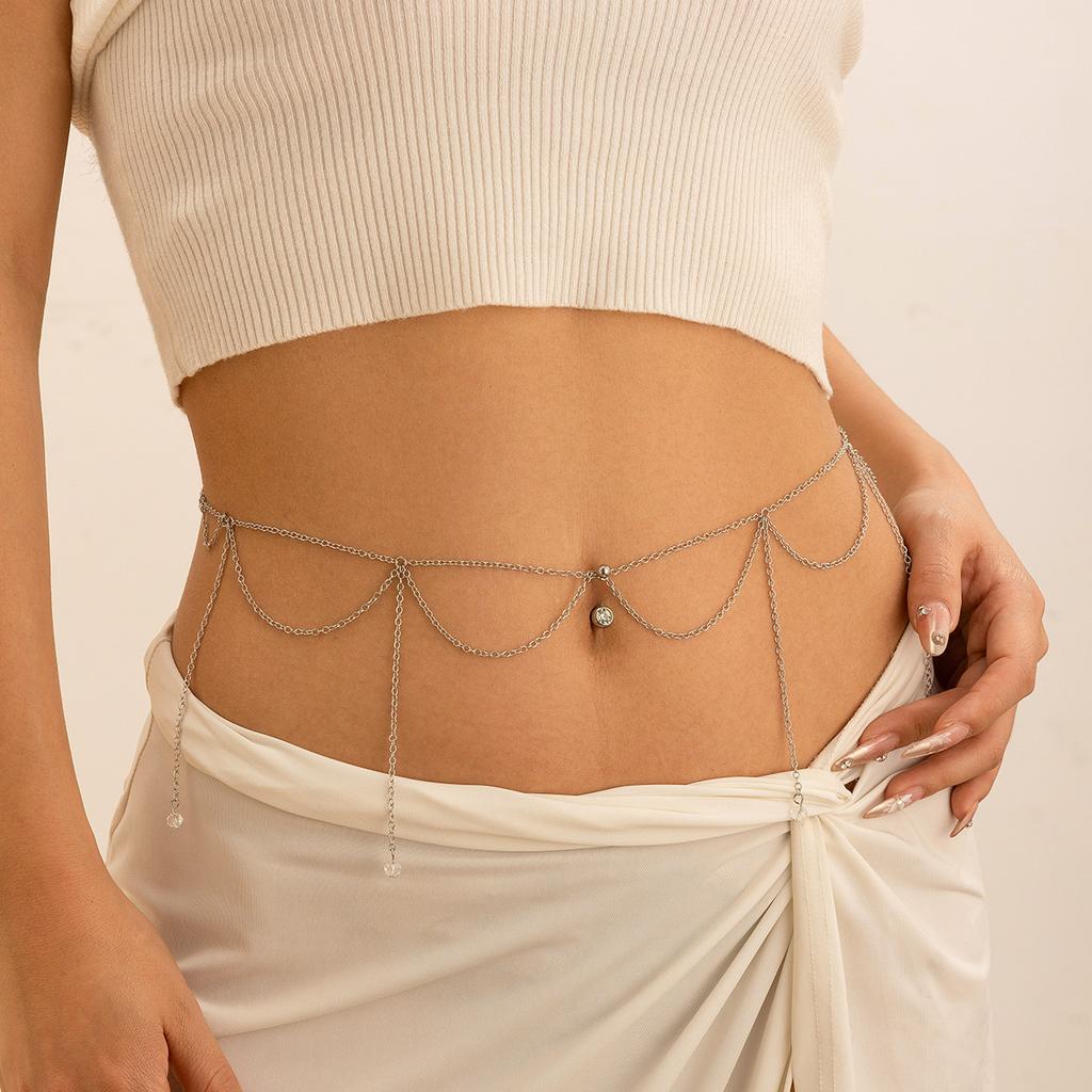 Sexy Beach Imitation Pearl Tassel Rhinestone Waist Chain Body Chain Zircon Navel Nail Body Chain