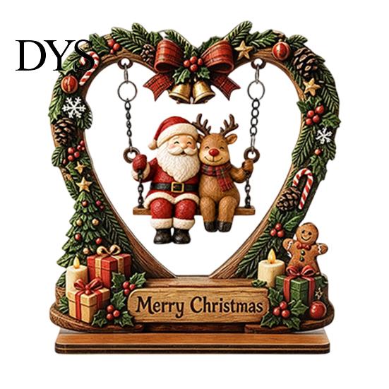 Wooden Heart Shaped Ornaments Christmas Santa Claus Ornament, Vintage 2D Flat Wreath Holiday Home Accents Desktop Plaque, Decoration for Shelf, Table,