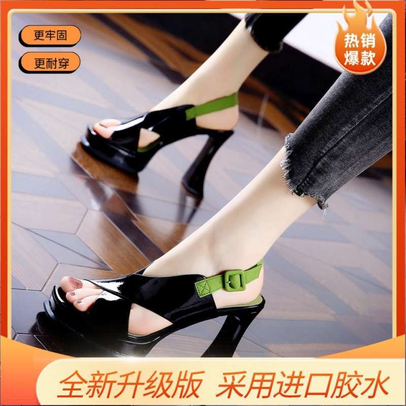 European and American patent leather back empty trip belt open-toed sandals women's 2025 summer new professional waterproof table thick heel high he