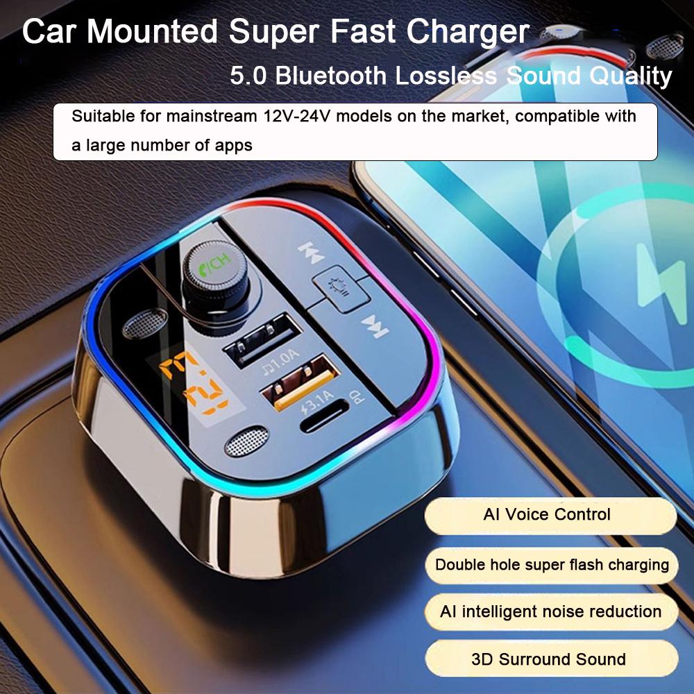Car Charger 12-24V Lighter Bluetooth 5.0 Fast Charging Car USB Type C Charger for Xiaomi Samsung Huawei IPhone Power
