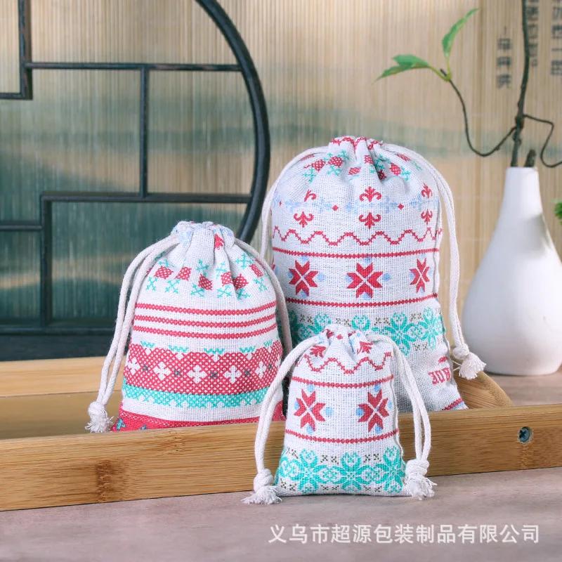 10pcs/lot Linen Drawstring pocket Cute Pattern Printed DIY wedding Candy Storage Bag Travel Makeup Cloth Shoes Sundries Storage