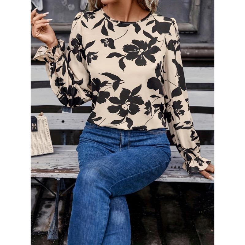 JKASHDK Women's Fashion Casual Spring Autumn Flower Pattern Print Long Sleeve O-Neck Blouses & Shirts