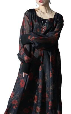 Gold Japan Plus Size Long Square Floral Sizes Women's Dress, Sleeves, Neck, Print, Organza, Flared, Lined, Fall/Winter, Spring, 4L-5L, Black, Nw-23038