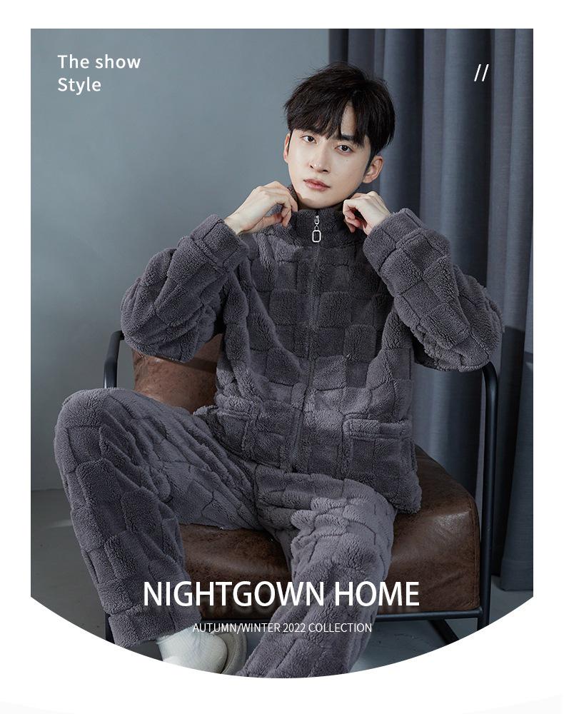 Men's Warm Flannel Pajamas, Zippered Stand-up Collar, Long Sleeve, Coral Fleece Cardigan for Autumn and Winter