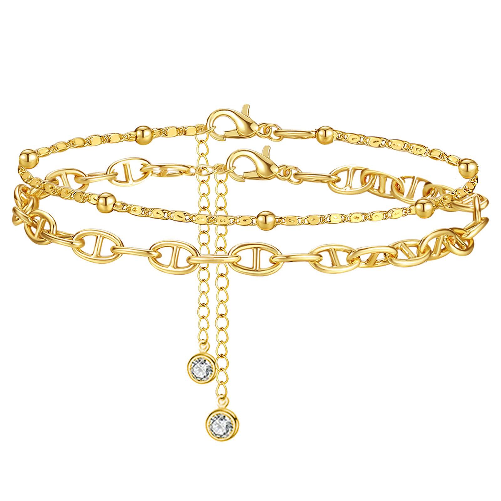Double Anklet for Women Girls, 18K Gold Plated Stainless Steel Double Beaded Chain Anklet Bracelet Boho Summber Beach Jewelry