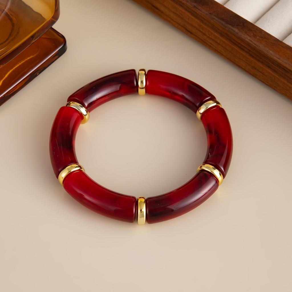 Angora Red Smudge Curved Resin Bracelet, Fashionable Elbow Beaded Splicing Elastic Bracelet