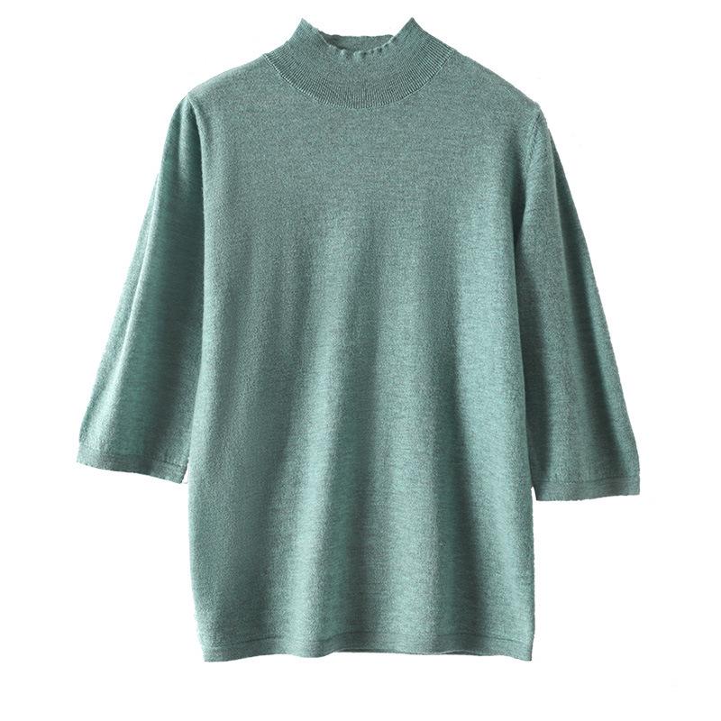 Women's Slim-Fit Half-High Collar Knit Top with Mid-Length Sleeves