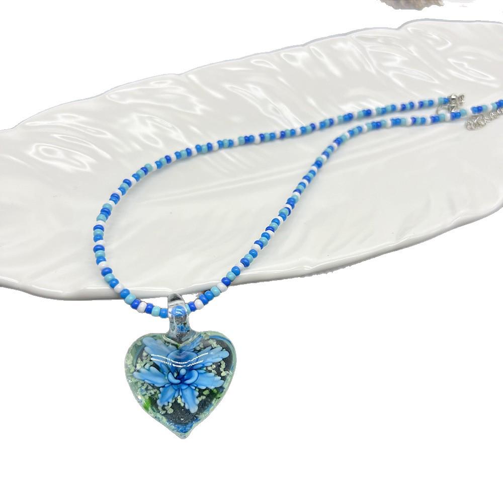 Blue Series Glass Rice Bead Necklace with Flower, Heart, and Starfish Pendants