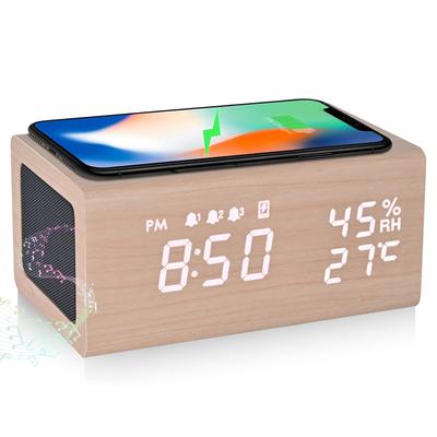 Alarm Clock with QI Wireless Charger, Stylish LED Desk Clock, Eco-Friendly Digital Clock, Bluetooth Speaker, Android/iPhone Charger (Compatible with I