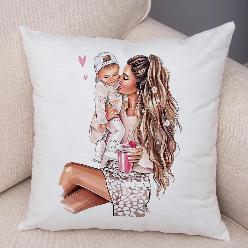 Beautiful Super Mother and Baby Pillow Case  Decor Cartoon Women Cushion Cover for Sofa Home Short Plush Pillowcase 45x45cm