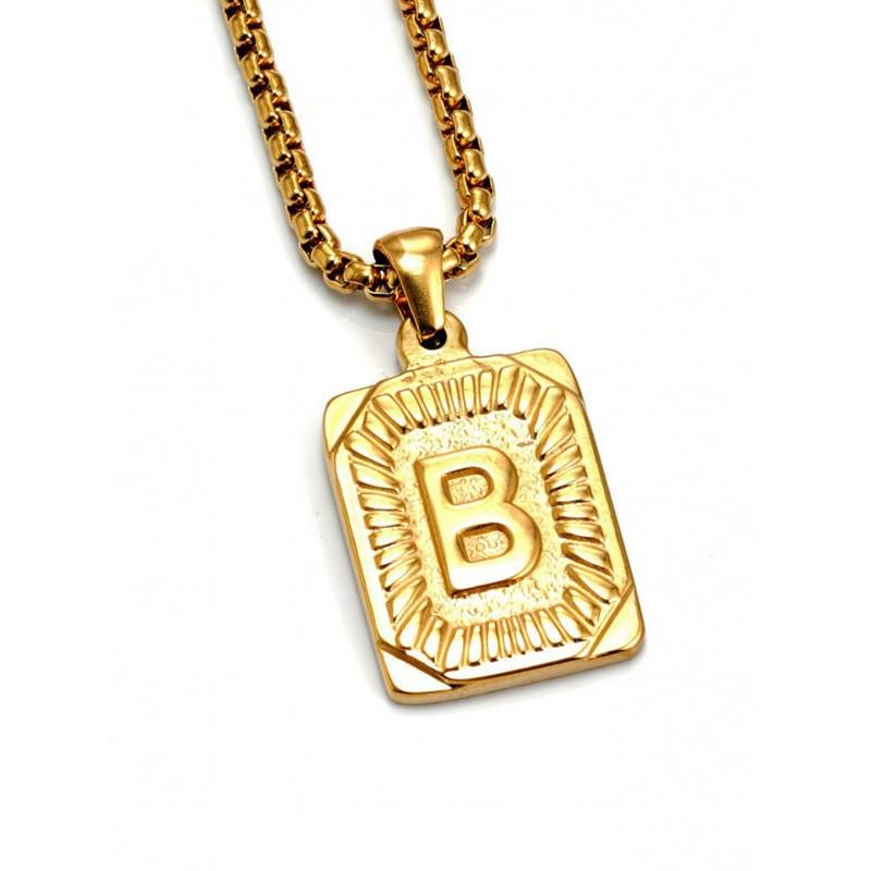 18K Gold Square Double-sided English Letter Pendant for Men, Titanium Steel Necklace