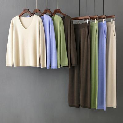 Vrouwen Lente Herfst Effen Kleur V-hals Ijs Zijde Broek Past Ontspannen Hoge Taille Trui Tweedelige Set