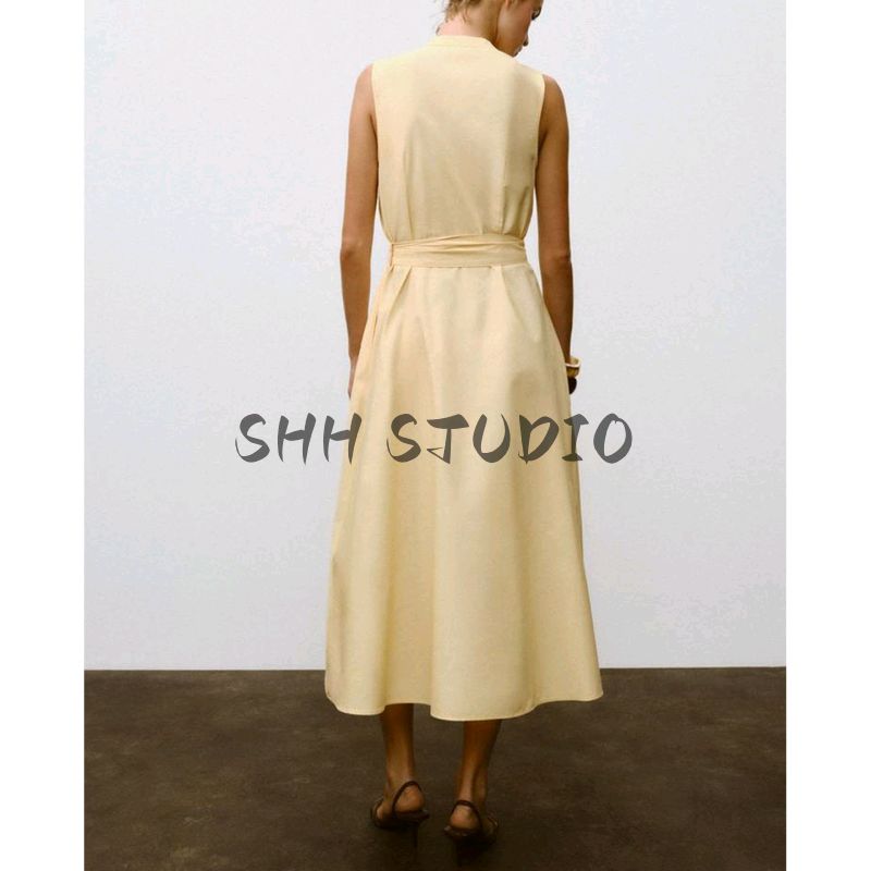 Autumn New Women's Clothing Pleated Decorative Round Neck Sleeveless with Belt Poplin Midi Skirt Dress 5029128