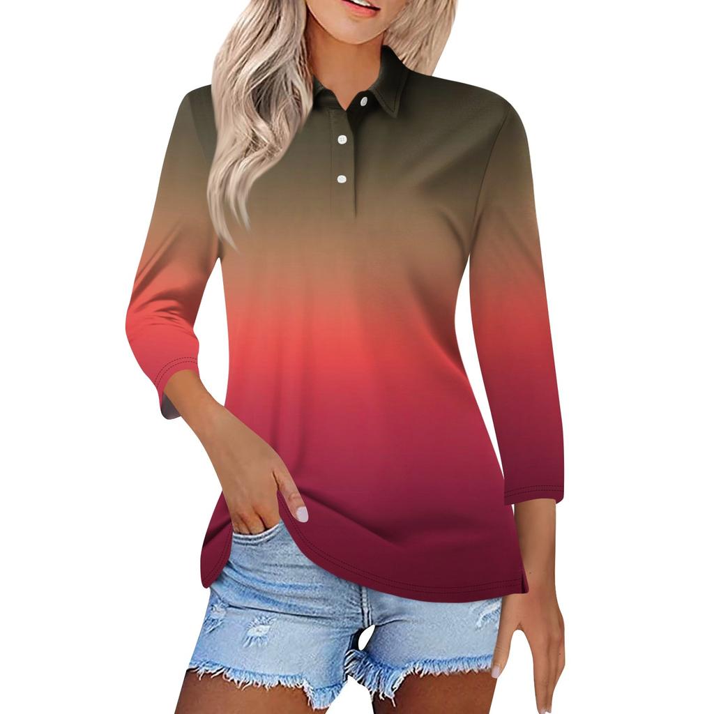 Women's Fashion Casual Lapel Short 3/4 Sleeve Printed Shirt Women's Button Up Tops