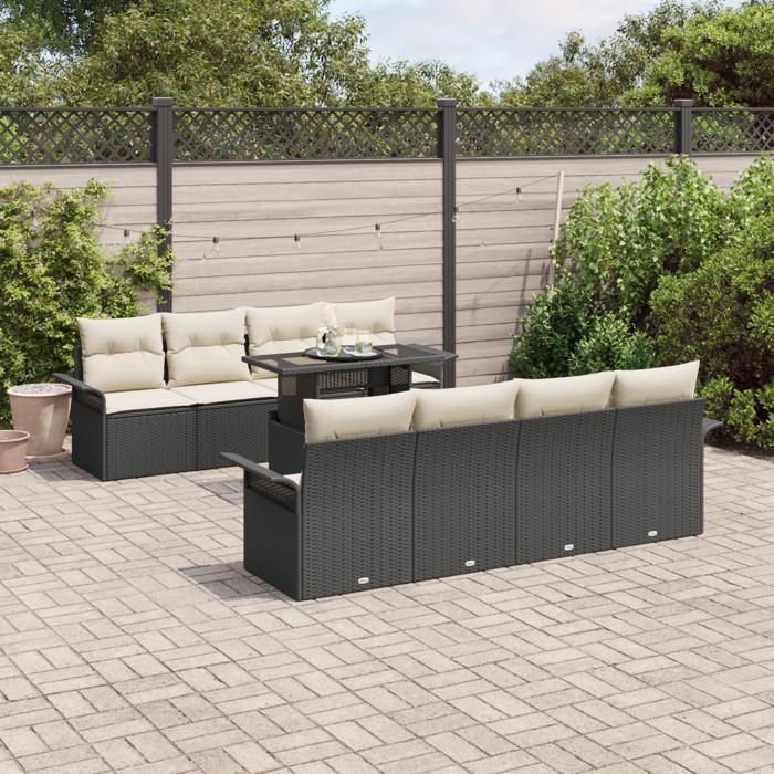 Ensemble de canapé de jardin vidaXL 9 pièces avec coussins en poly rotin noir, {fr-FR=Canapé de jardin 2 places vidaXL 3356980