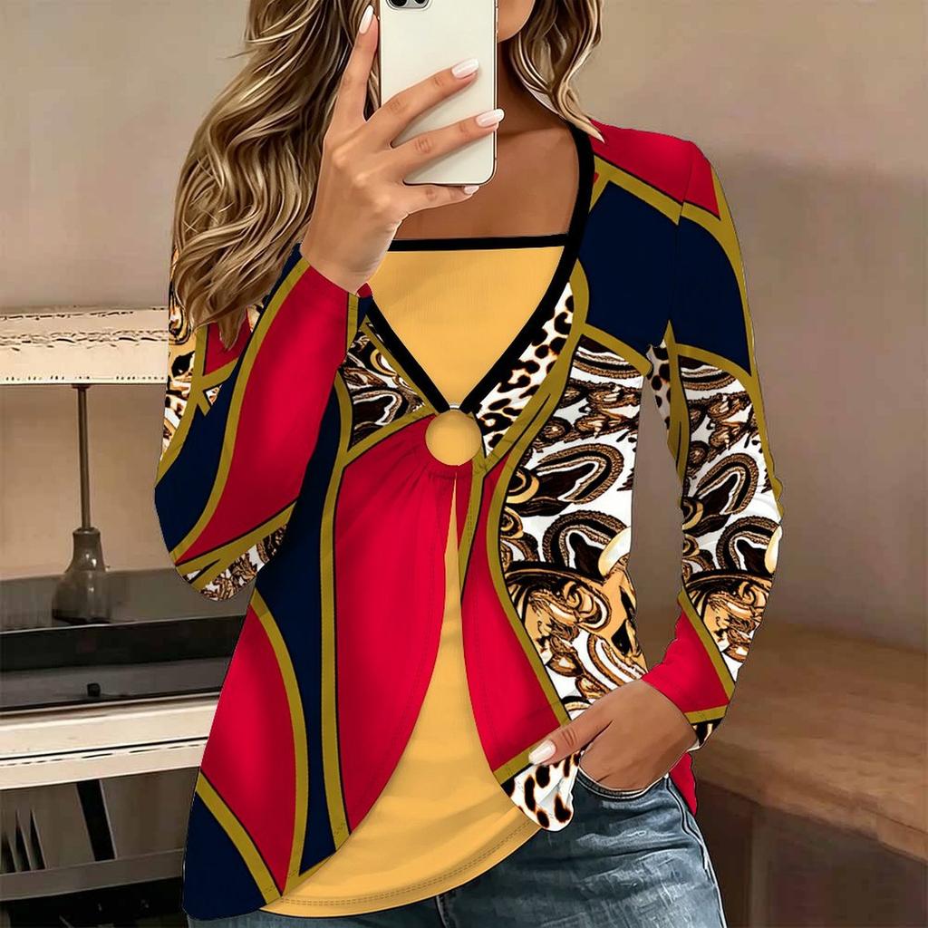 Tops for Women Geometric Pattern Print Long Sleeve Fake Two‑Piece Top Fall Casual Slim Pullover Women's Long Sleeve Top