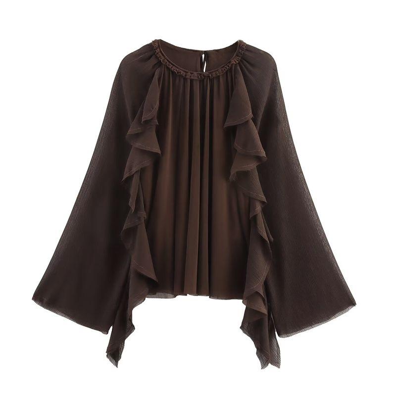 

and Winter New Arrivals Women s Clothing Zr European and American Style Fashionable Round Neck Long-Sleeved Draped Layered Decorative Shirt 1058629 Chocolate Color L