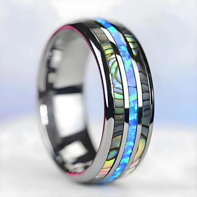 Fashion 8mm Silver Color Stainless Steel Ring For Men Fashion Abalone Shell Inlay Ring Men's Wedding Band Accessories