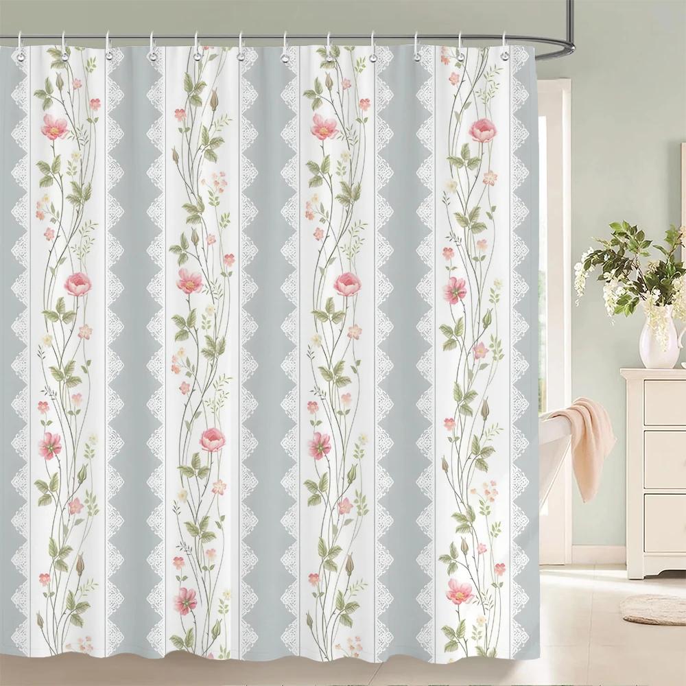 1Pcs Nordic style flowers fabric waterproof shower curtain, home decoration elegant and romantic bathroom curtain, with hooks